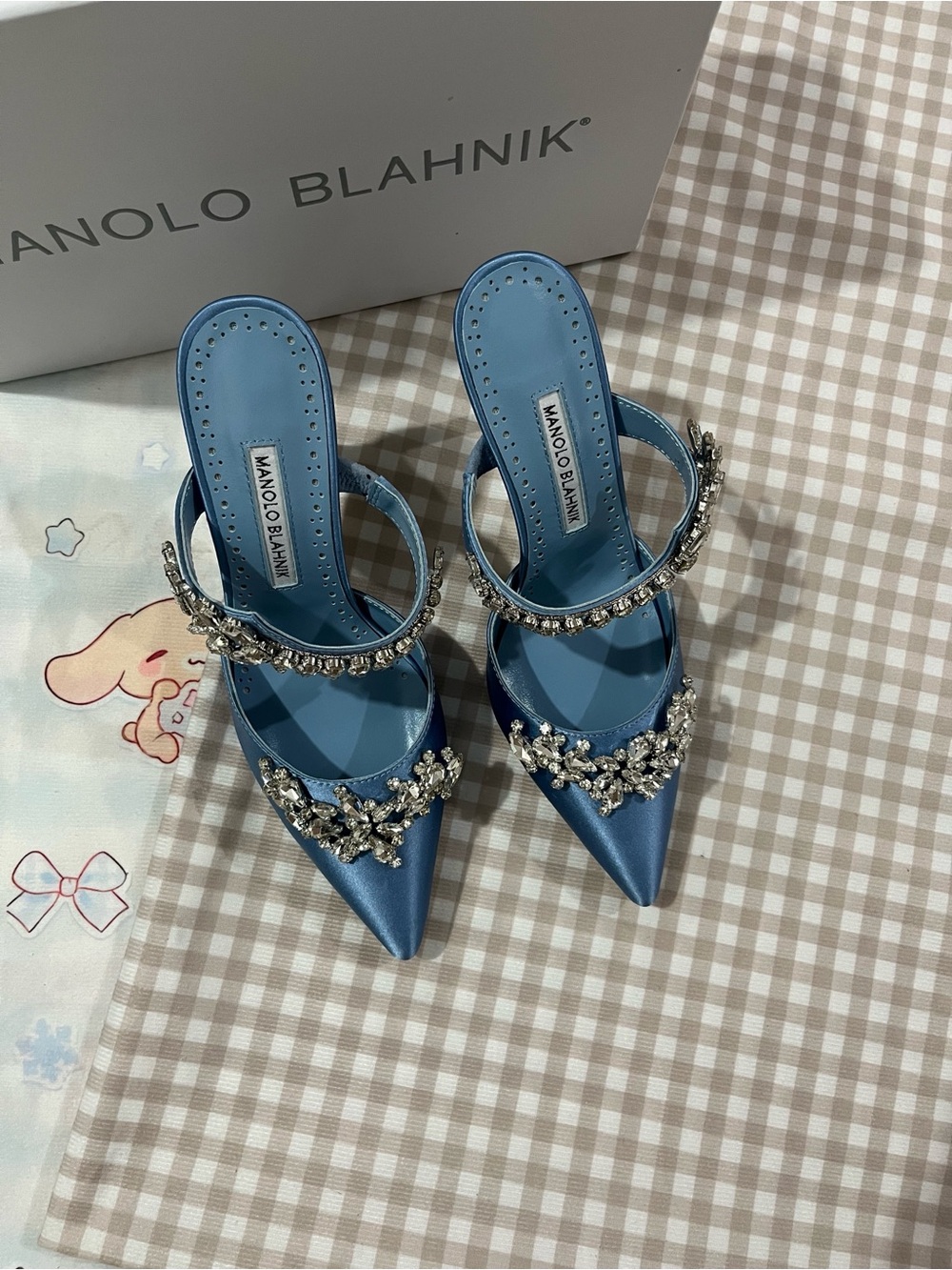 Manolo Blahnik Blue Satin Jeweled Pointed Mule